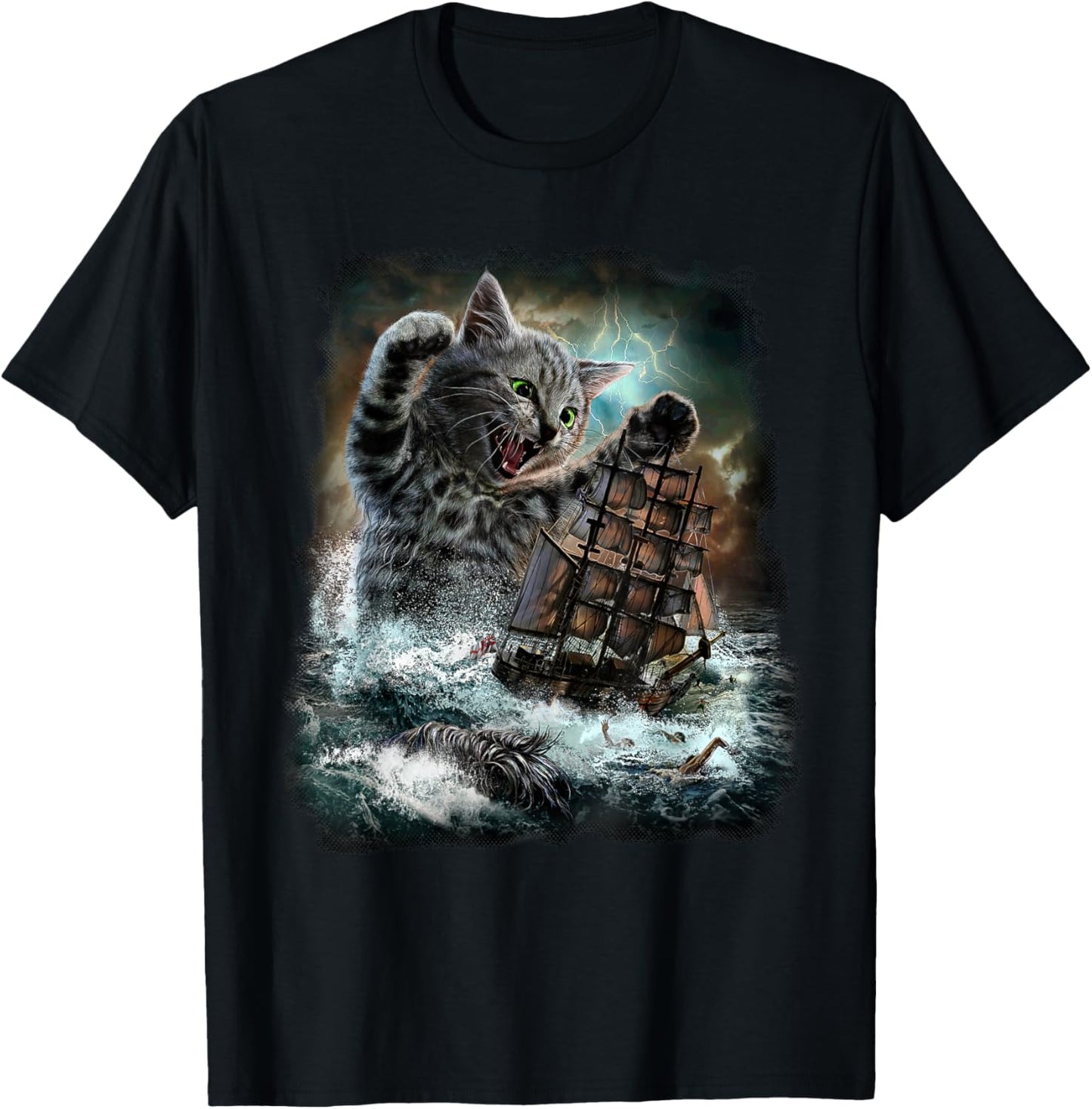 Monster Tabby Cat Ambush Battle Ship T-Shirt