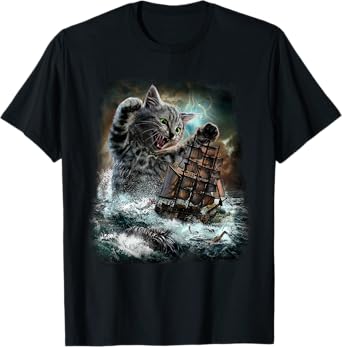 Monster Tabby Cat Ambush Battle Ship T-Shirt