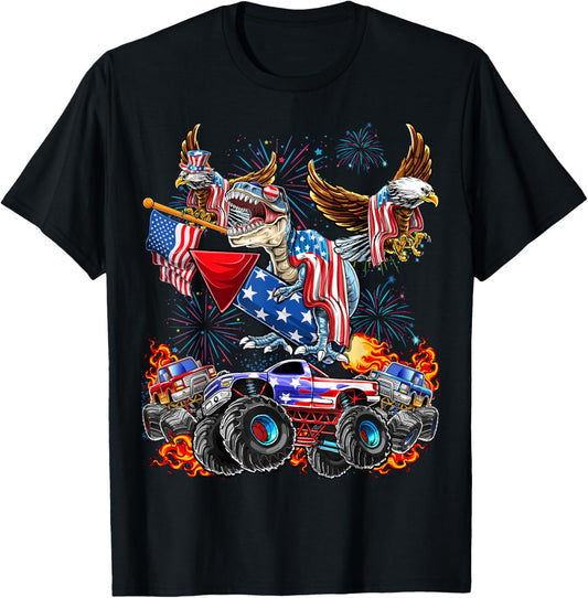 4th of July Dinosaur Monster Truck Bald Eagle American Flag T-Shirt