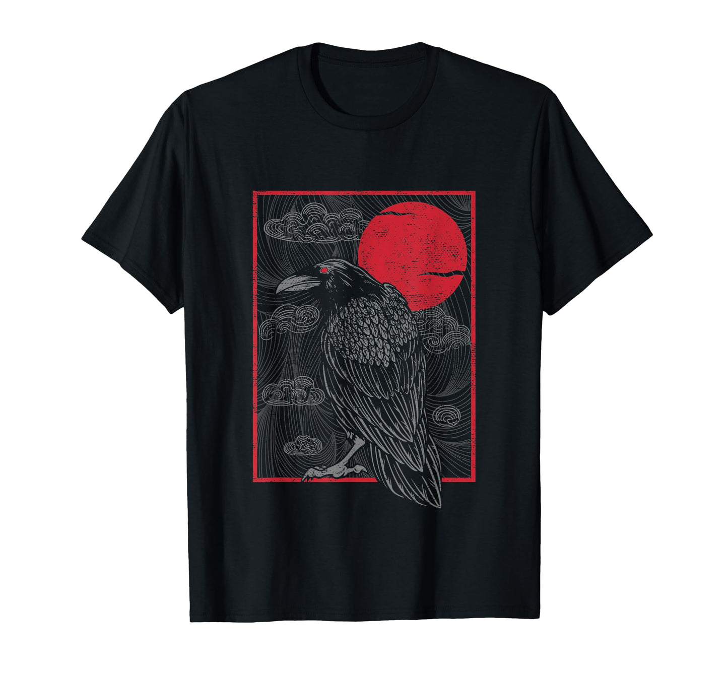 Japanese Red Moon Raven Gothic Style Black Crow Graphic T-Shirt