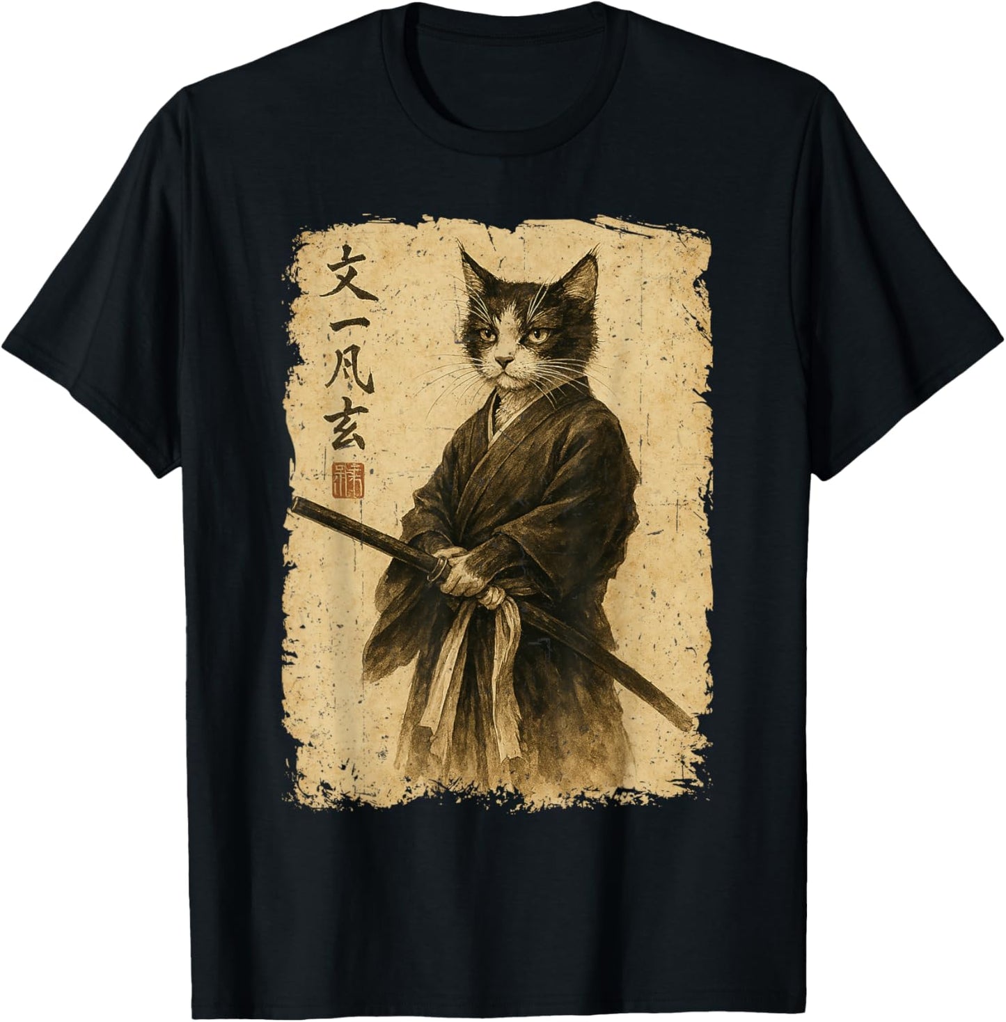 Samurai Cat Vintage Ukiyo-E Warrior Art Graphic Cat Art T-Shirt