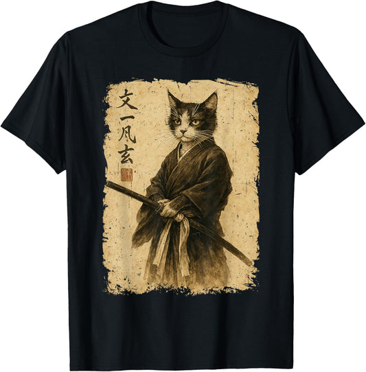 Samurai Cat Vintage Ukiyo-E Warrior Art Graphic Cat Art T-Shirt
