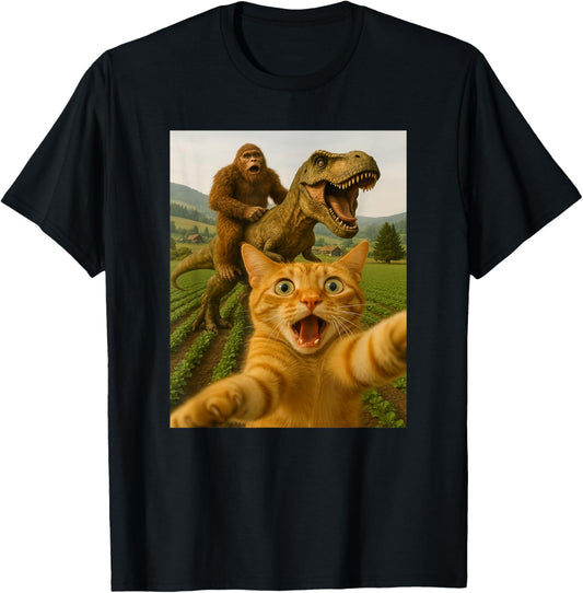Funny Cat Selfie With Bigfoot Riding T-rex Dinosaur T-Shirt