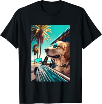 Golden Retriever Sunglasses Beach Palm Trees Summer Dog T-Shirt