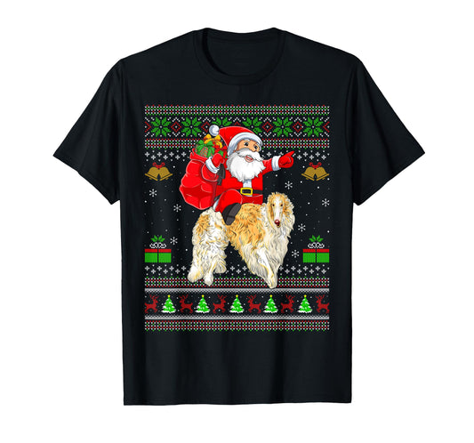 Ugly Xmas Sweater Funny Santa Riding Borzoi Dog Christmas T-Shirt
