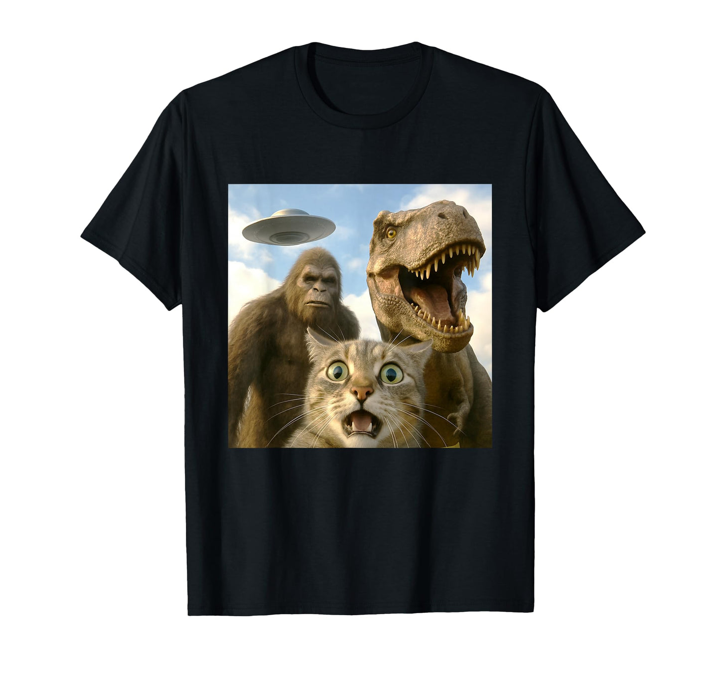 Funny Cat Selfie with Bigfoot Dinosaur UFO for Men Women T-Shirt