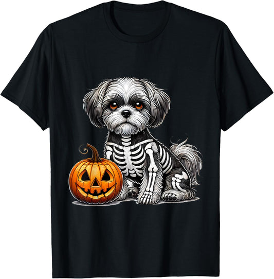 Shih Tzu Skeleton Jack O Lantern Funny Dog Halloween T-Shirt