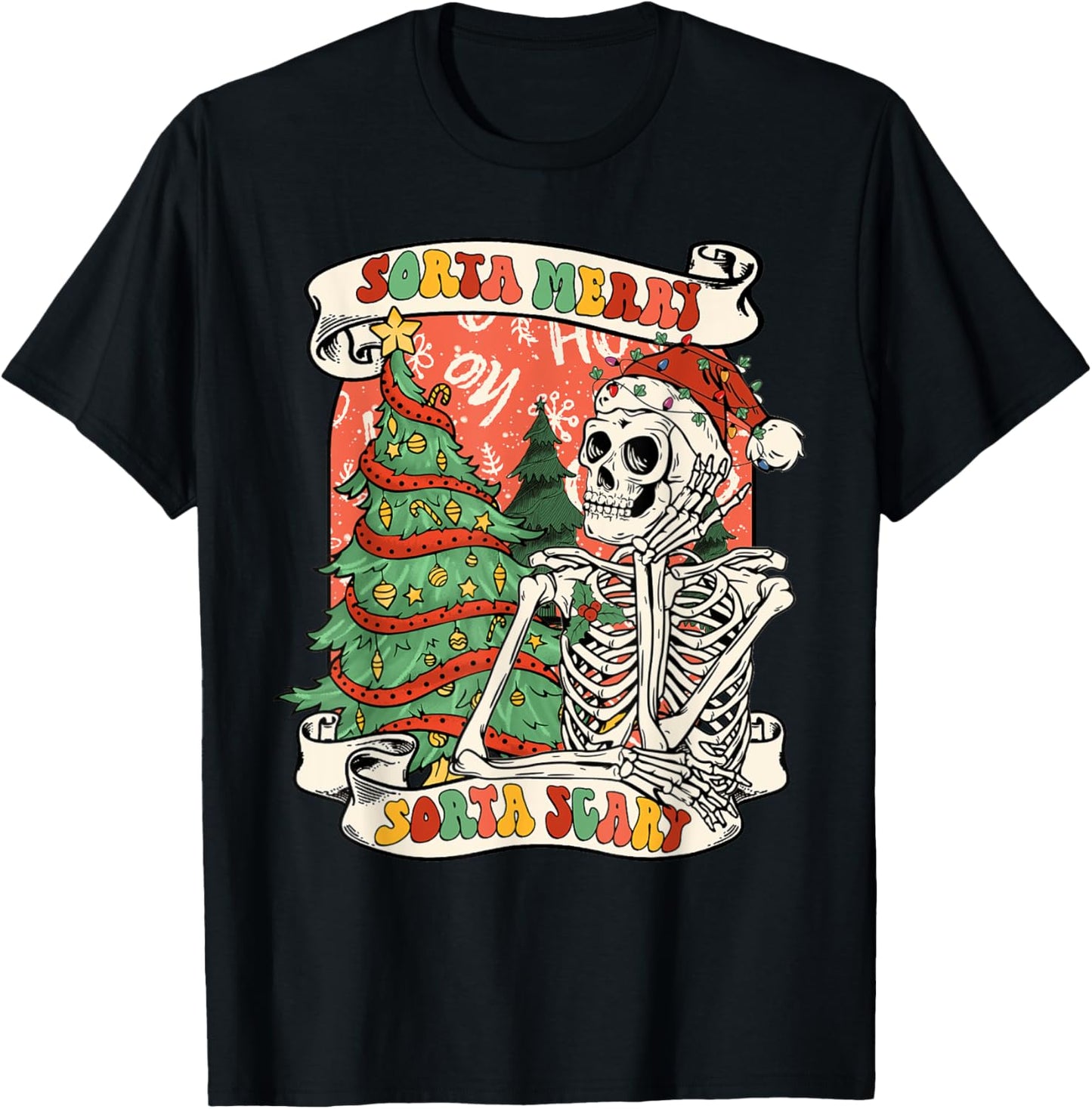 Christmas Santa Claus Skeleton Retro Sorta Merry Sorta Scary T-Shirt