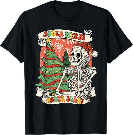 Christmas Santa Claus Skeleton Retro Sorta Merry Sorta Scary T-Shirt