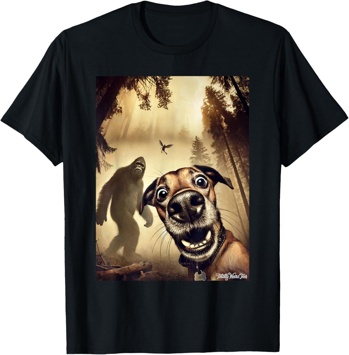Dog Selfie with Bigfoot Unisex-Kids Humorous Animal-Themed T-Shirt Black Short Sleeve Small