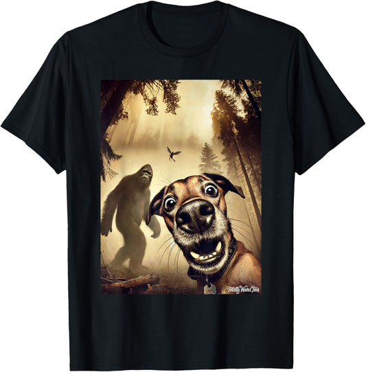 Dog Selfie with Bigfoot Unisex-Kids Humorous Animal-Themed T-Shirt Black Short Sleeve Small