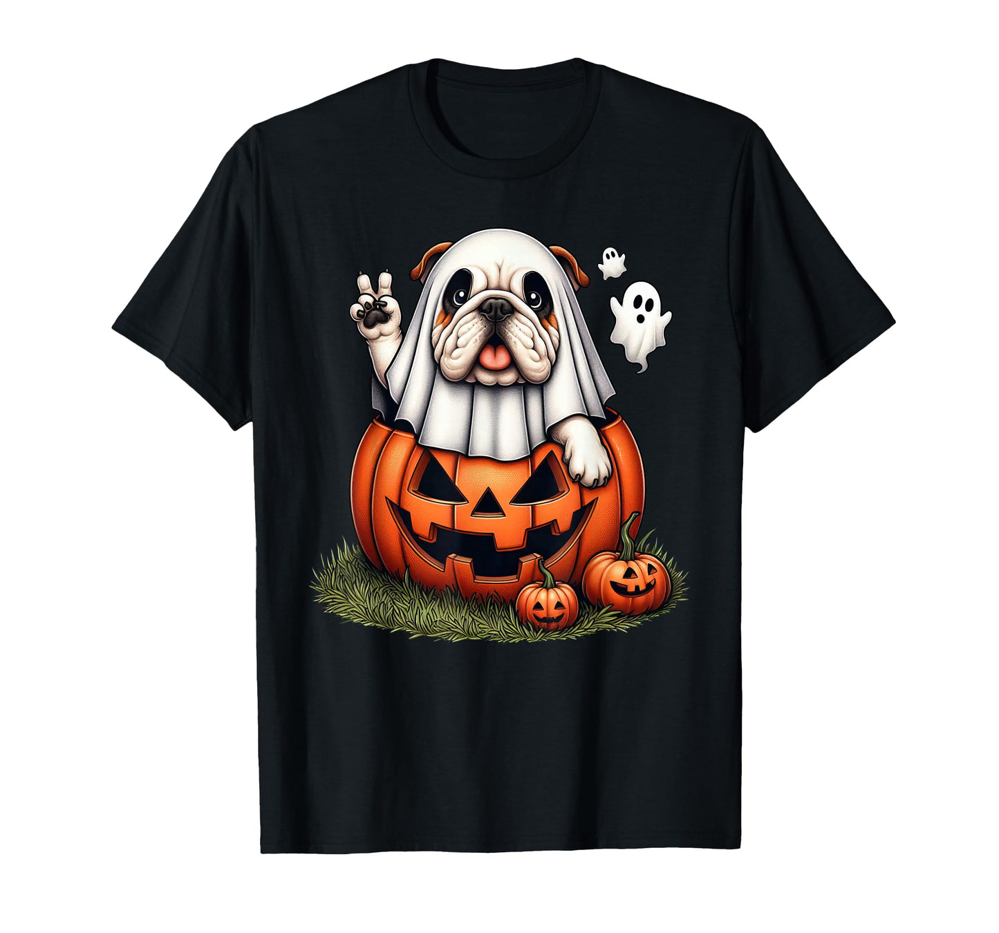 Funny English Bulldog Ghost Boo Halloween Womens Mens Kids T-Shirt