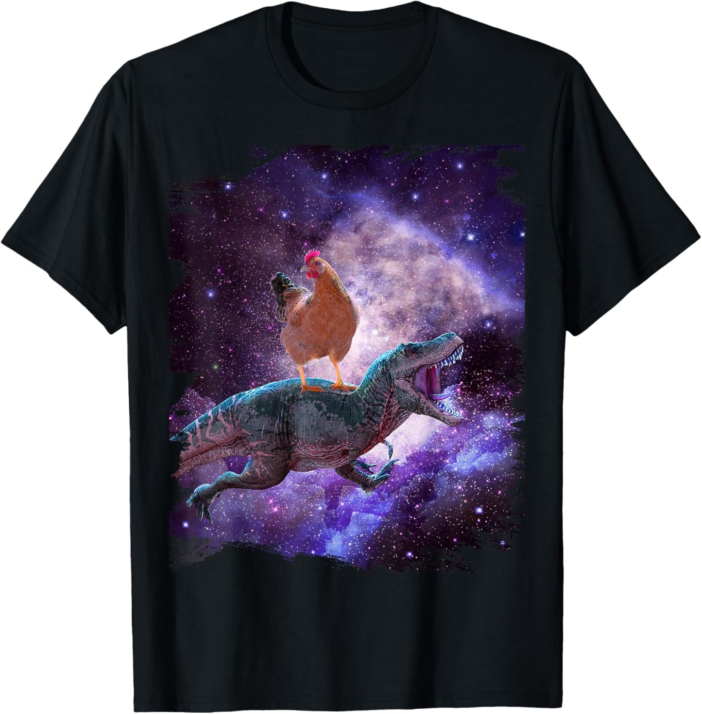 Chicken Riding Dinosaur In Space - Rainbow T-Shirt