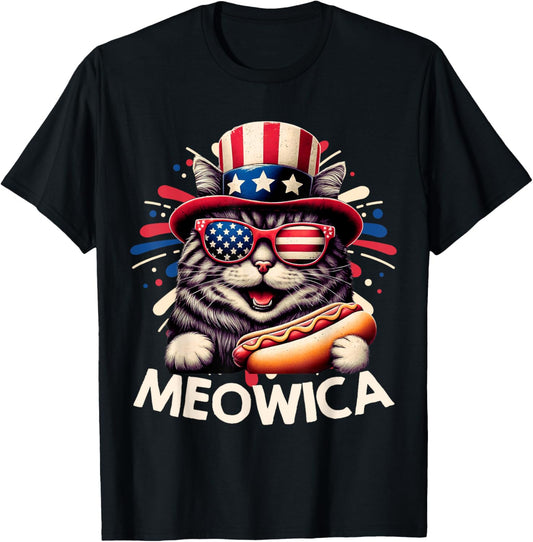 Meowica 4th of July Patriotic Cat American Flag 4th of July T-Shirt