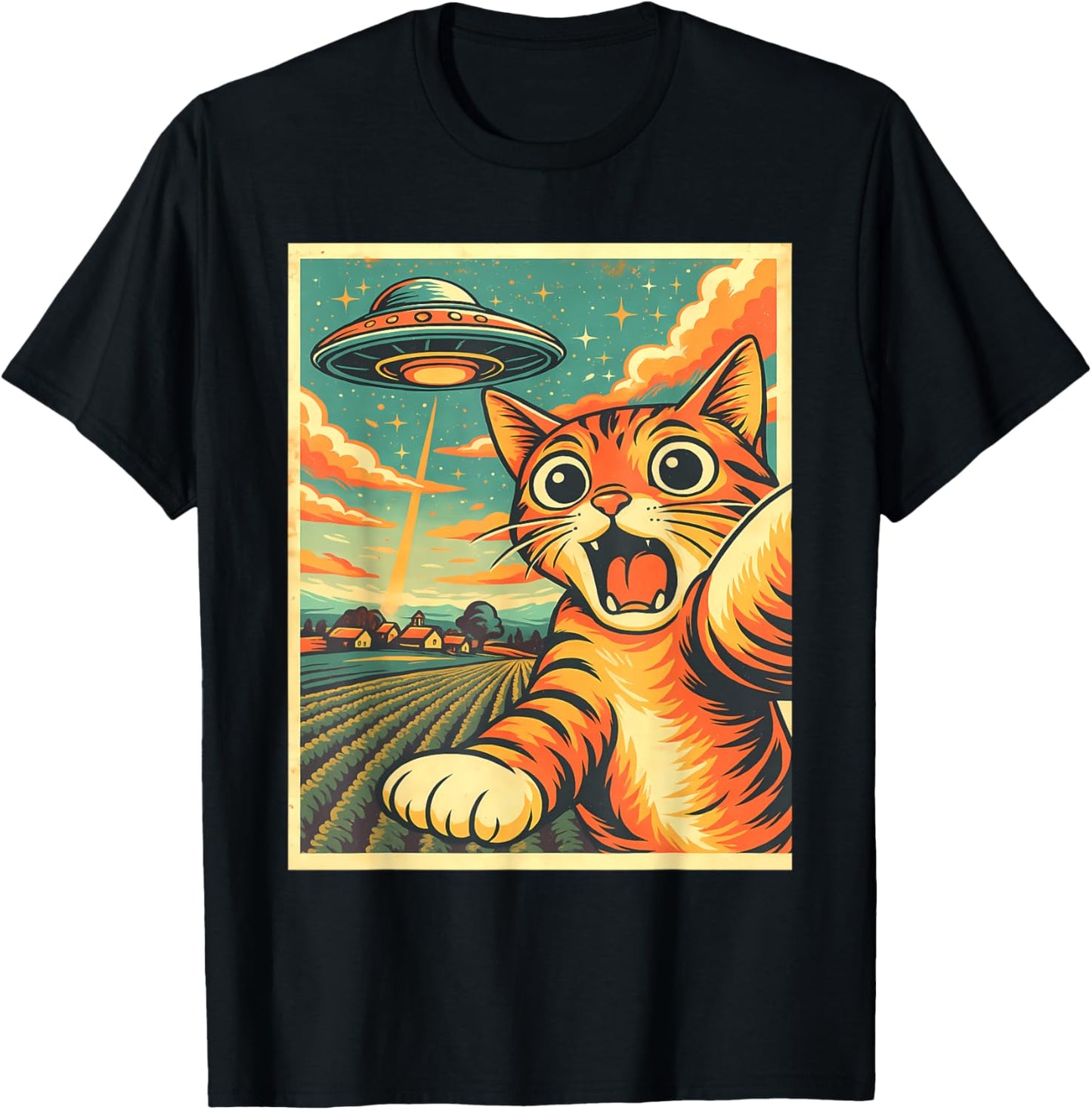 Cat Selfie With Alien UFO Tulip Funny Anime Kawaii Graphic T-Shirt