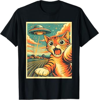 Cat Selfie With Alien UFO Tulip Funny Anime Kawaii Graphic T-Shirt for Men Women Kids