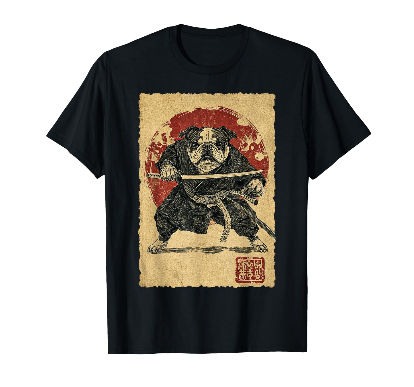 Funny Vintage Japanese Art Bulldog Ninja Samurai Warrior Men Women Girls Kids T-Shirt