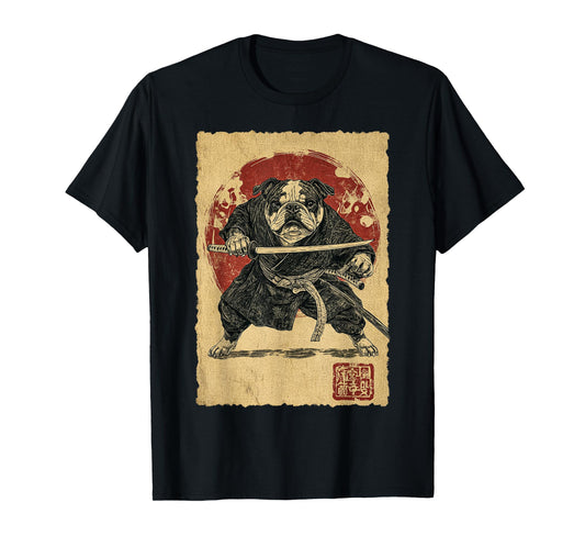 Funny Vintage Japanese Art Bulldog Ninja Samurai Warrior Men Women Girls Kids T-Shirt