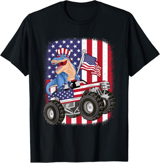 4th Of July Patriotic Monster Truck Dino USA Dinosaur Boys T-Shirt