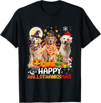 Cute Golden Retriever Happy Hallothanksmas Halloween Xmas T-Shirt