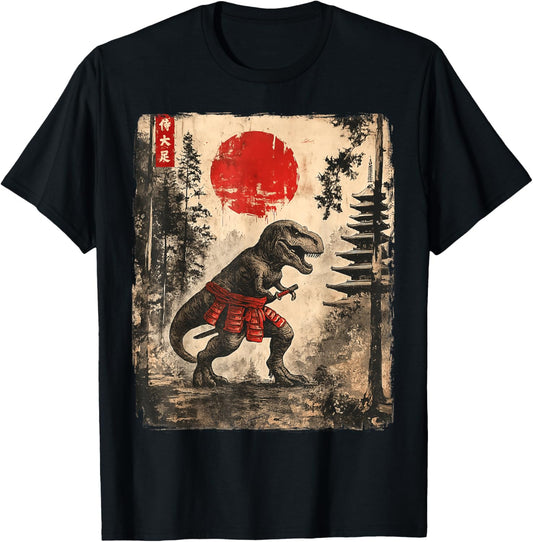 Samurai T-Rex Dinosaur Japanese Red Sun Ukiyo-e Art Funny T-Shirt