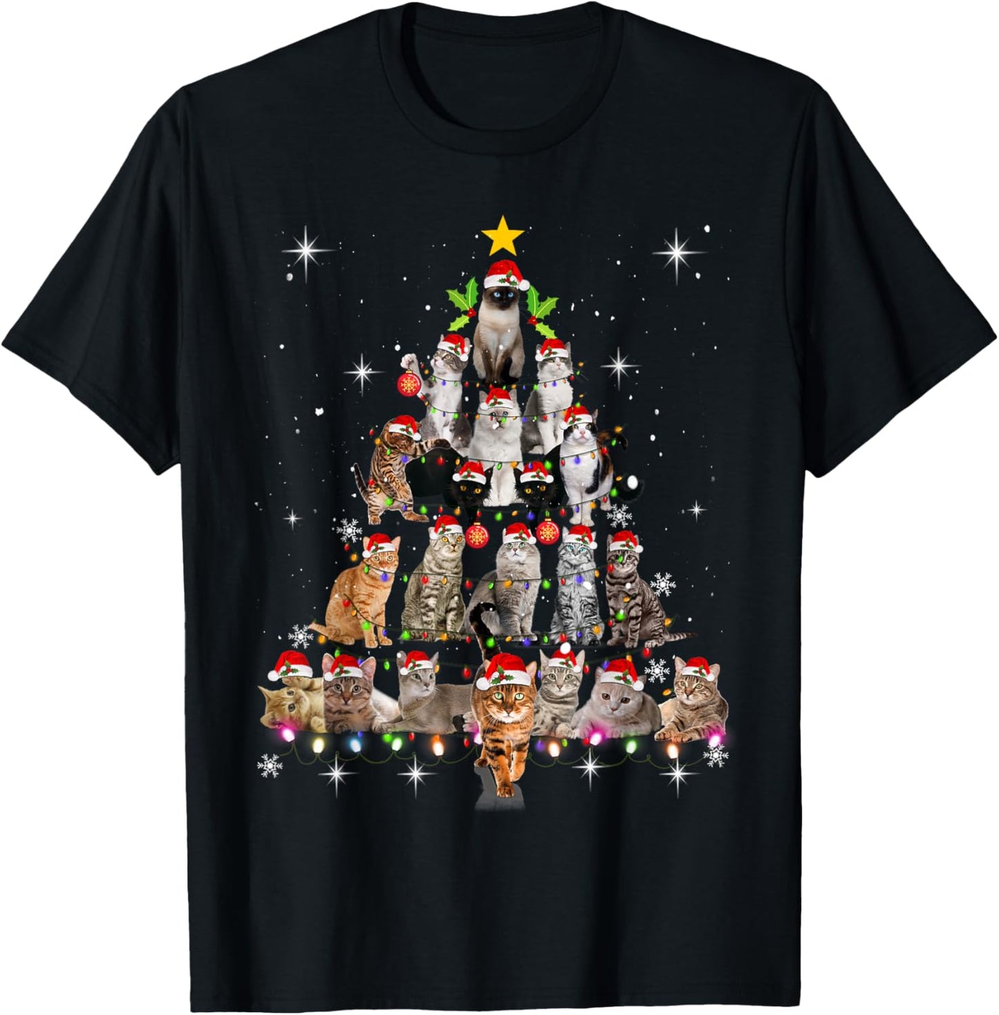 Cute Cat Christmas Dog Tree Funny Cat Tees Black Unisex-Kids Unisex-Adults T-Shirt