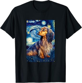 long hair Dachshund in Starry Night Painting Dog Mom Dad T-Shirt