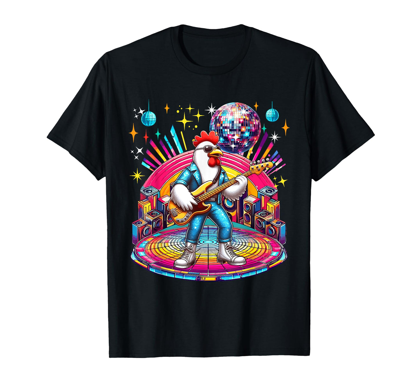 Chicken Sunglasses Playing Guitar Colorful Costume Disco T-Shirt