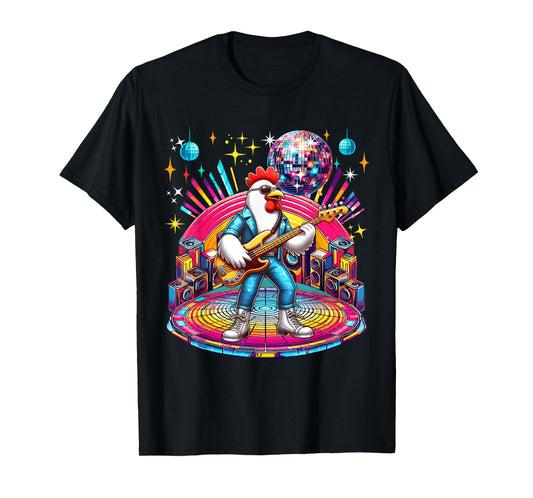 Chicken Sunglasses Playing Guitar Colorful Costume Disco T-Shirt