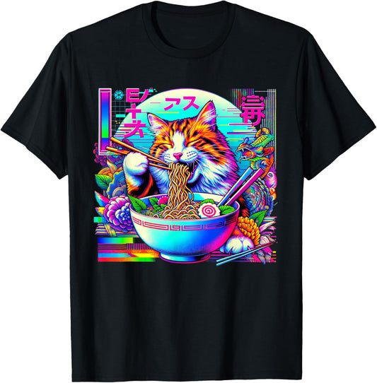Vaporwave Japanese Glitch Art Cat Eating Ramen T-Shirt