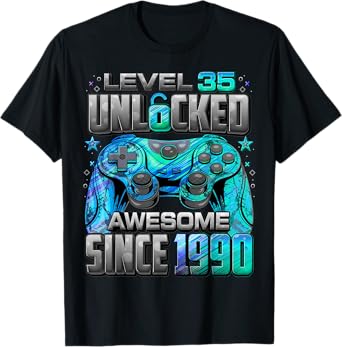Level 35 Unlocked Awesome Since 1990 35th Birthday Gaming T-Shirt