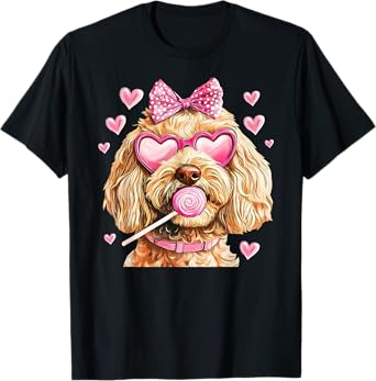 Cute Goldendoodle Wearing Glasses Heart Puppy Valentines Bow T-Shirt