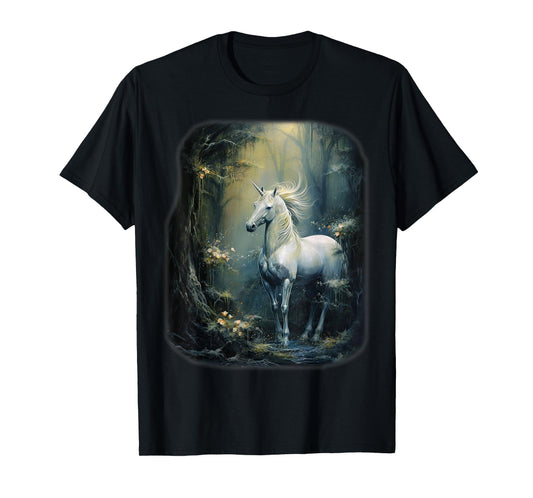 Fantasy white Unicorn standing in a Forest T-Shirt