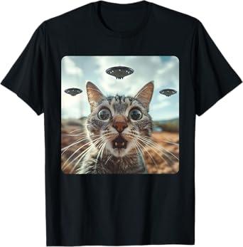 Extraterrestrial Encounter: Cat Selfie with Alien UFO T-Shirt