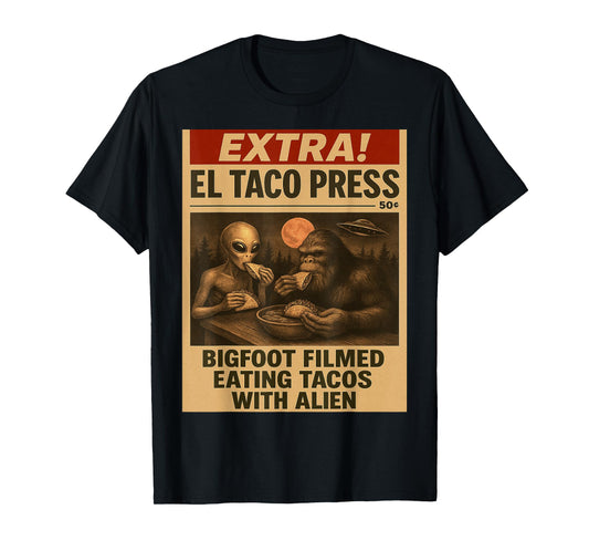 Bigfoot and Alien Eating Tacos Funny Vintage Newspaper UFO T-Shirt