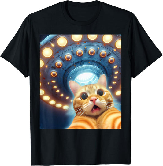 Funny Orange Tabby Cat Lover Selfie UFOs Alien Flying Saucer T-Shirt