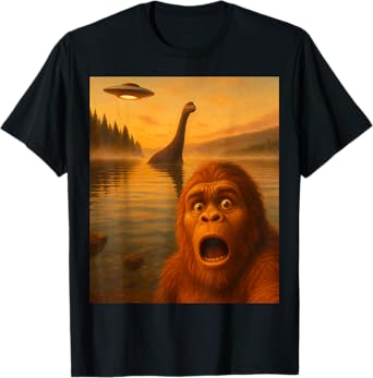 Bigfoot Selfie With Loch Ness UFO Alien Gifts Men Women Kids T-Shirt