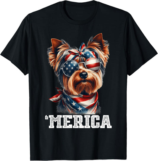Patriotic Yorkshire Terrier Dog Merica USA Flag 4th Of July T-Shirt