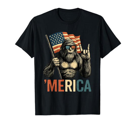 Bigfoot Merica American Flag Patriotic 4th Of July T-Shirt