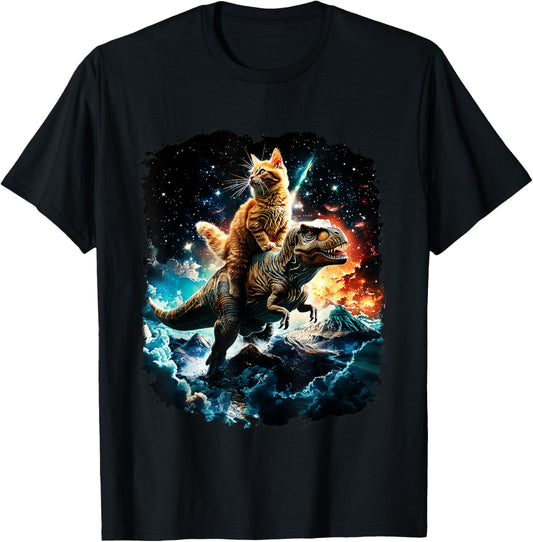 Space Cat Lover Riding Dinosaur T Rex T-Shirt for Men Women Kids