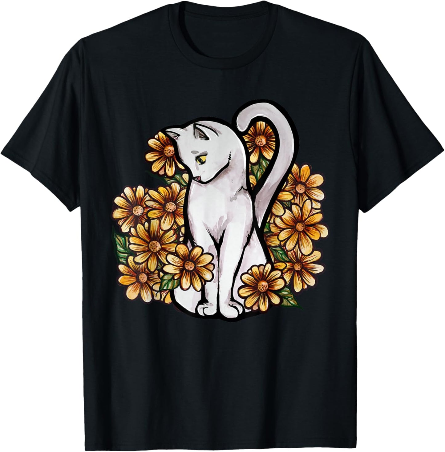 White Cat Kitty Cat Flower Garden T-Shirt