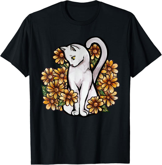 White Cat Kitty Cat Flower Garden T-Shirt