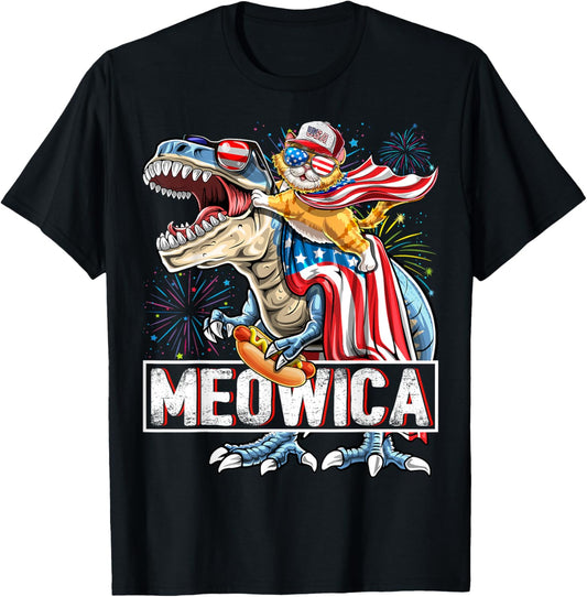 Meowica Cat T Rex Dinosaur 4th of July American Flag Kids T-Shirt