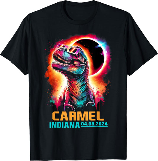 Carmel Indiana Total Solar Eclipse 2024 T Rex Dinosaur T-Shirt