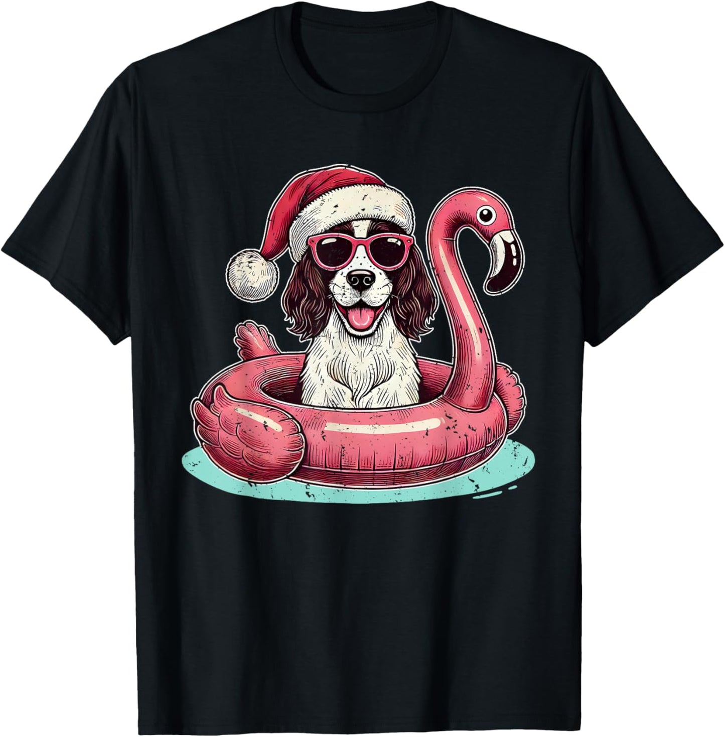 Christmas in July Springer Spaniel Santa Flamingo Floatie T-Shirt