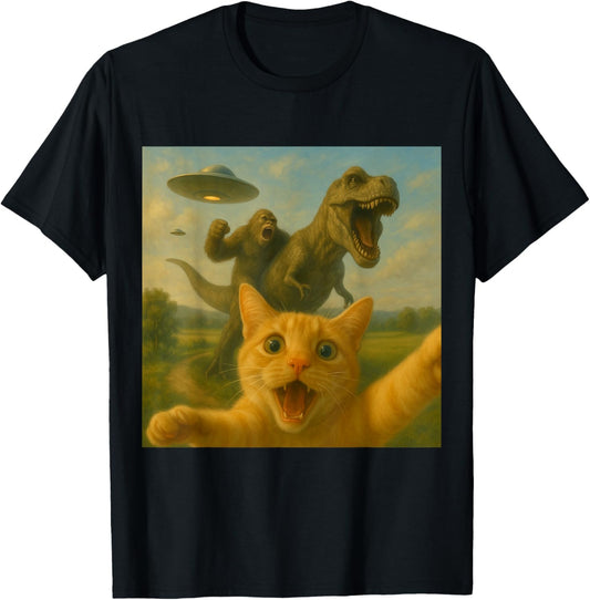 Funny Surprised Scared Cat Selfie T-Rex Dinosaur Bigfoot UFO T-Shirt