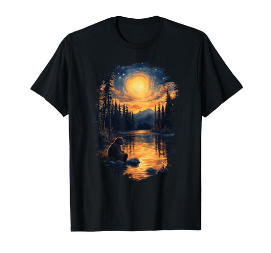 Bigfoot Starry Night Forest Sasquatch Van Gogh Art T-Shirt