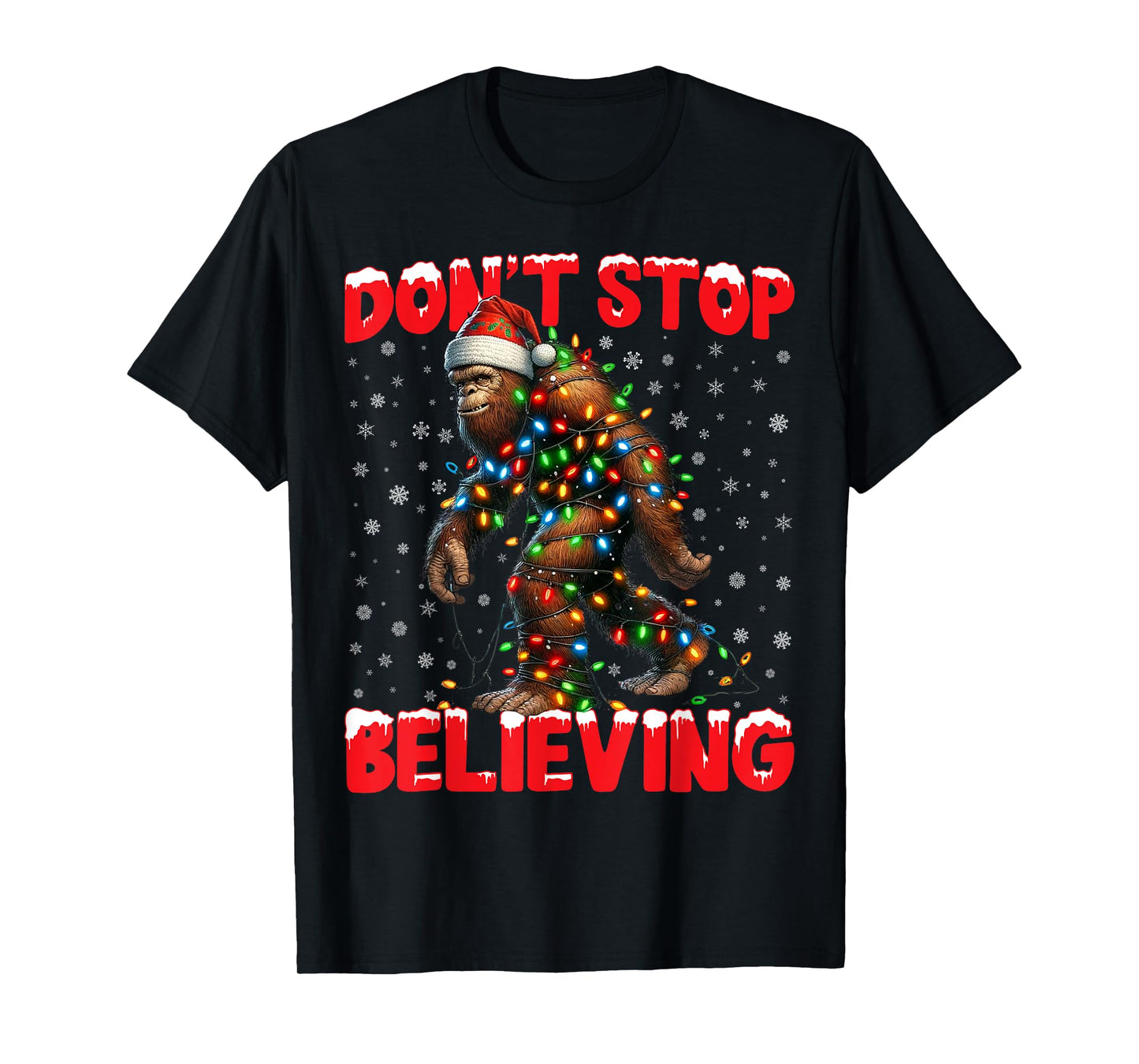Christmas Bigfoot Don't Stop Believing Santa Hat Lights Tees T-Shirt