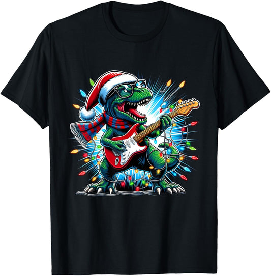 Dinosaur Guitar Player Xmas Funny Trex Dinosaur Christmas T-Shirt