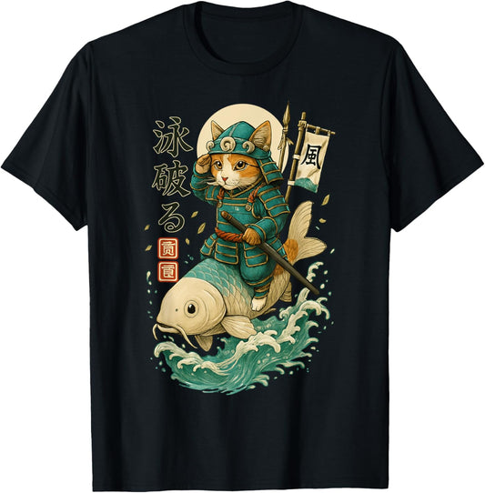 Samurai Cat Riding Koi Fish Fantasy Art T-Shirt